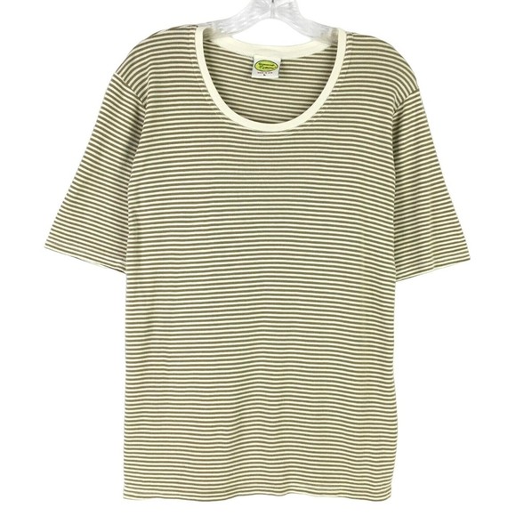 Drawstrings of Malibu Size L Travel T-Shirt Stripe Scoop Neck Beige Cream USA - Picture 1 of 7